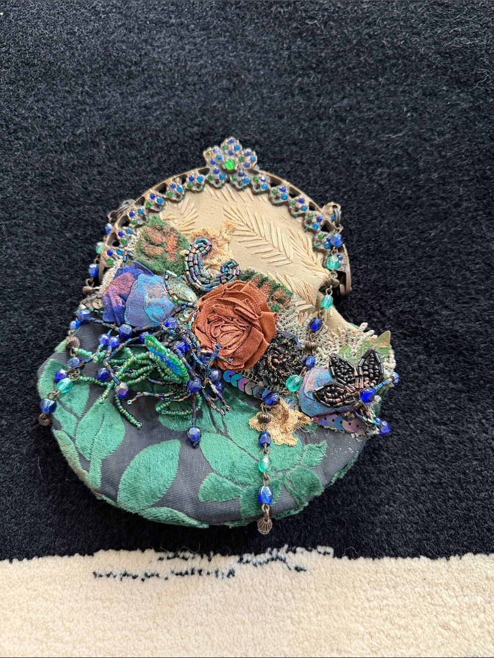 Embellished Floral Beaded evening bag .- Green & Blue